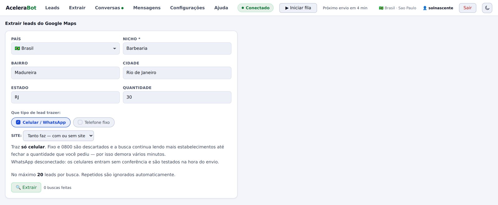 Tela de extração com os campos de país, nicho, bairro, cidade e os filtros de tipo de telefone e site